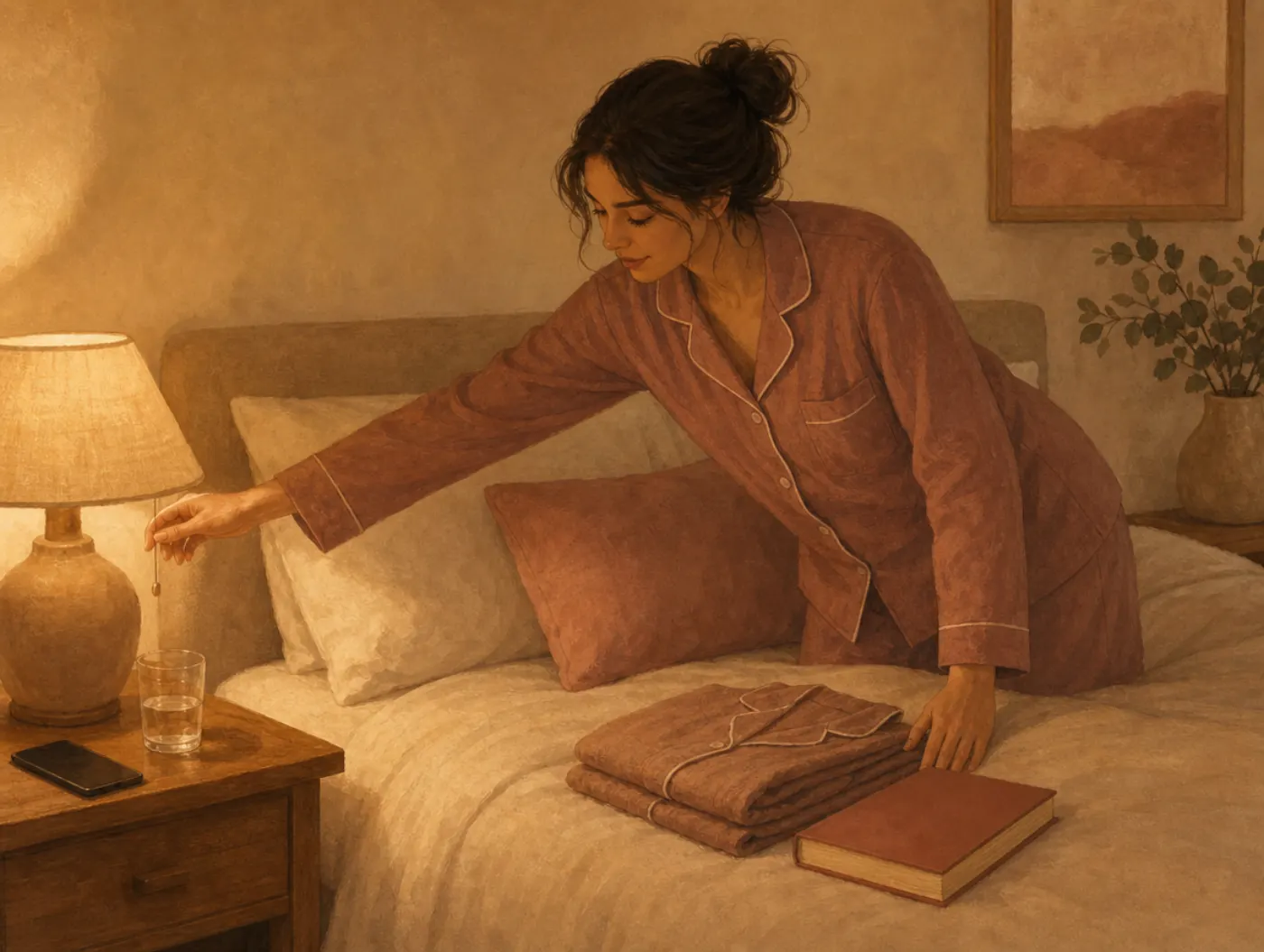 Bedtime Routine Planner: person dimming a bedside lamp with a phone face-down and book laid out on the bed