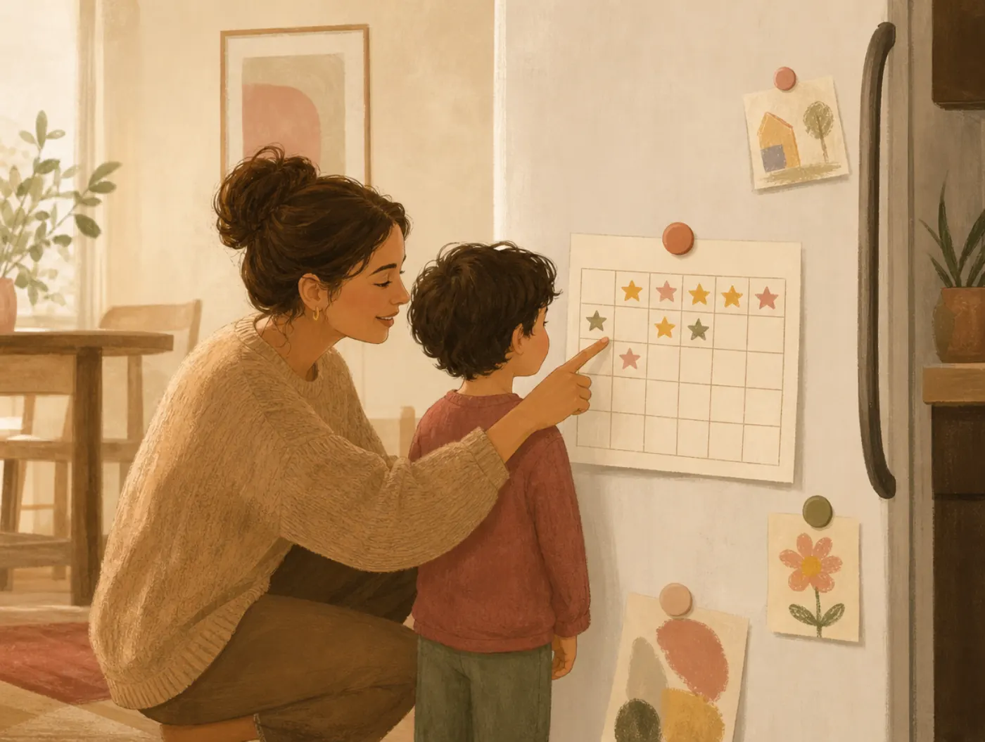 Behavior Chart: parent and child at the fridge pointing to a printed weekly star-sticker chart held up by a magnet