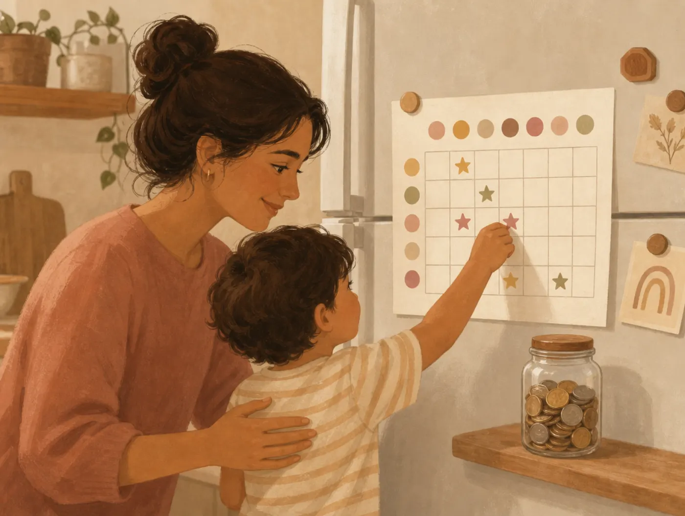 Reward Chart: a child sticking a sticker onto a printed weekly grid on the fridge beside a small coin jar