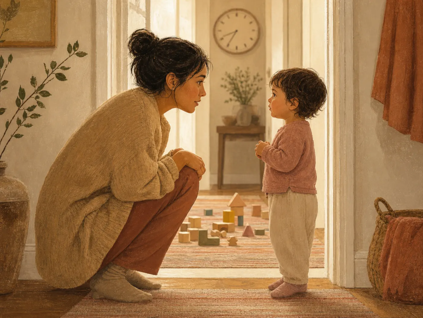 Behavior Tracking Sheet: parent crouched eye-level with child in hallway, scattered blocks behind, clock down the hall