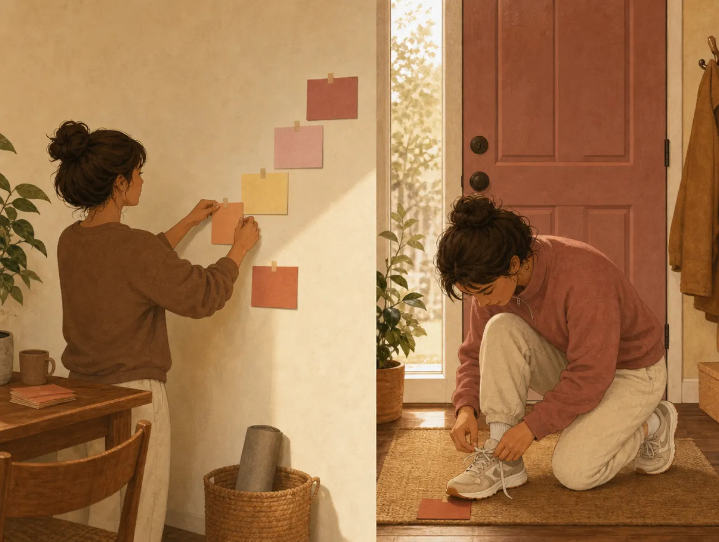 Behavioral Activation Planner: person arranges cards in an ascending staircase on the wall, then laces sneakers to try t