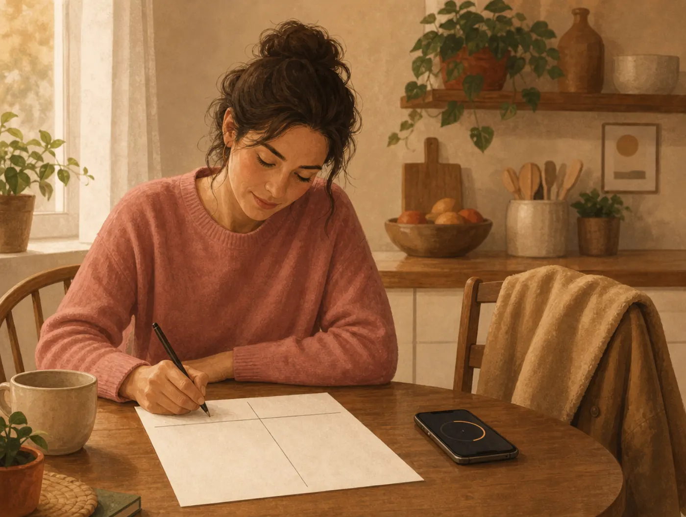 Behavioral Experiment Worksheet: person filling in a predicted-vs-actual worksheet at a table, timer running, coat on ch