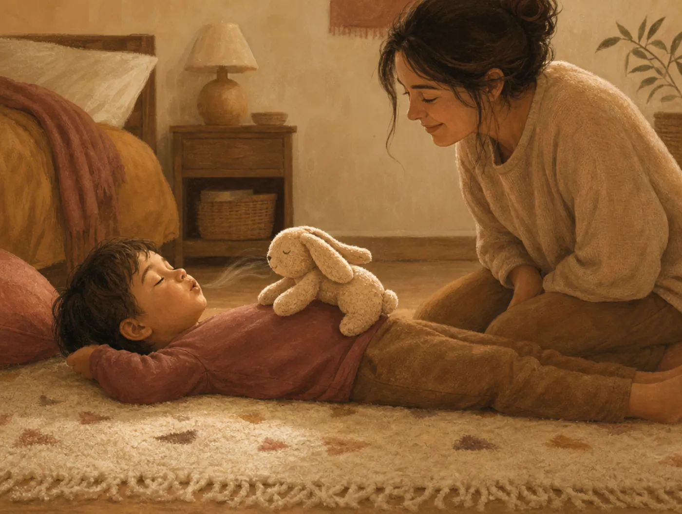 Belly Breathing for Kids: child lying on a rug with a plush rabbit resting on their belly, parent kneeling close beside