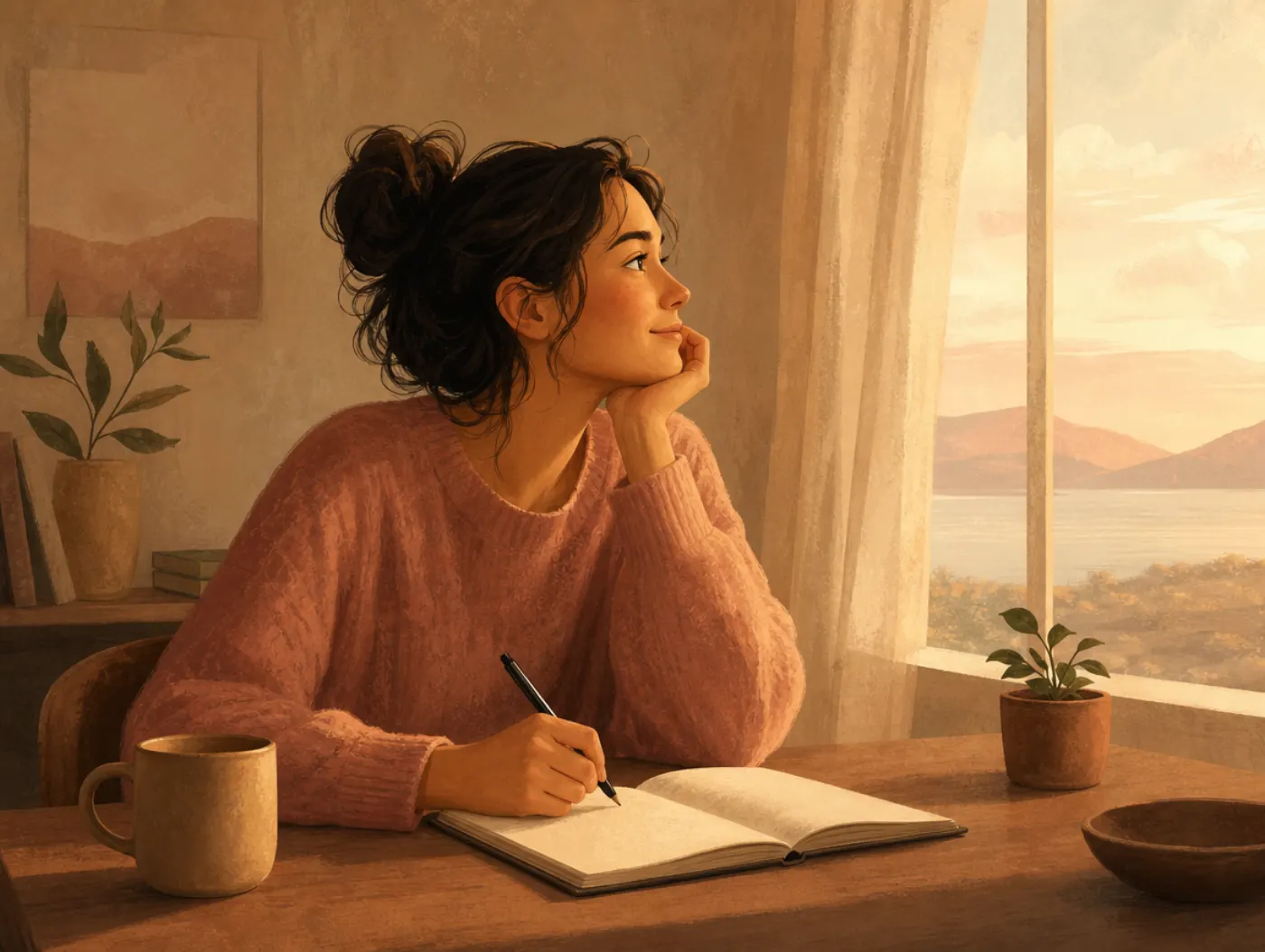 Best Possible Self Exercise: a person at a desk writing in a notebook, looking out a window with a hopeful expression