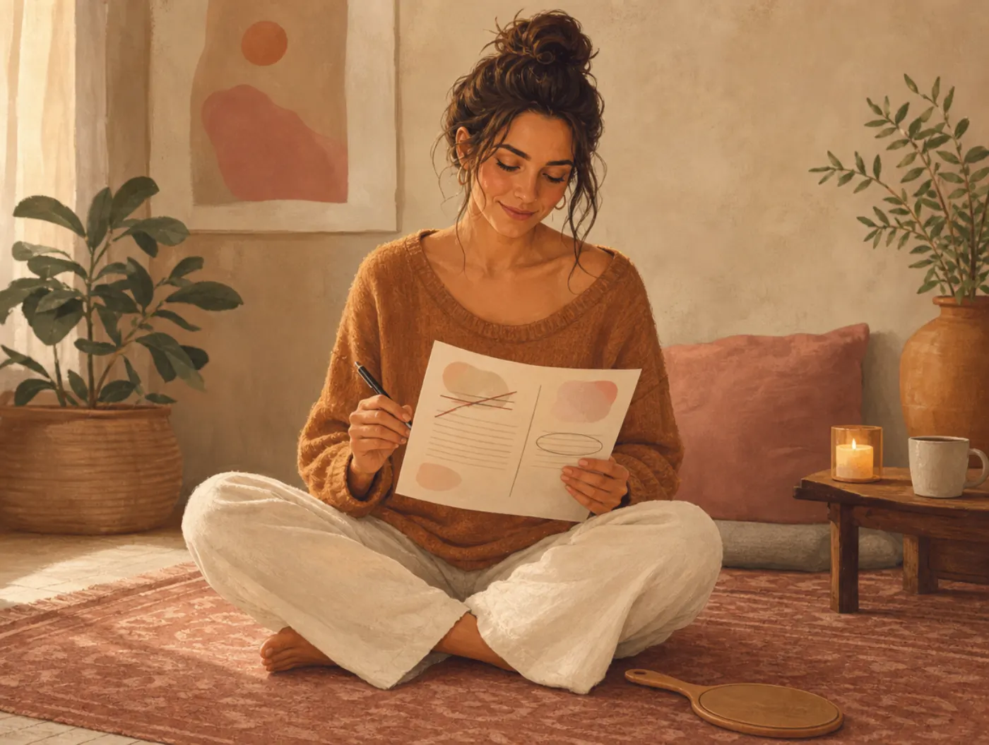 Body Image Worksheet: woman on a rug crossing out a written thought and rewriting it on a worksheet, mirror face-down be