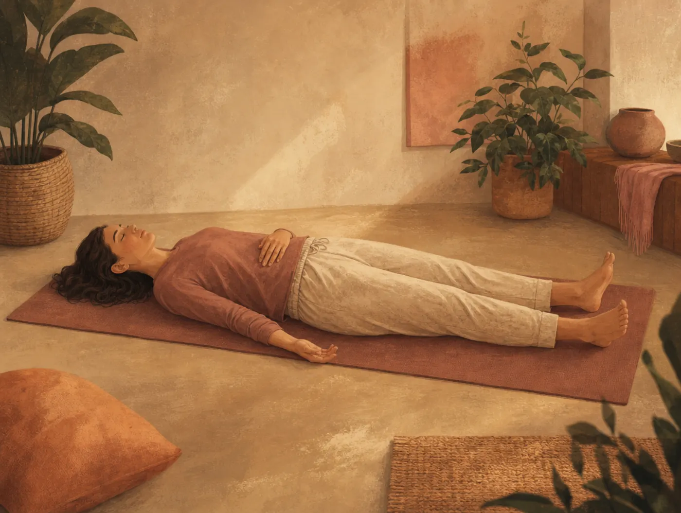 Body Scan Meditation: a person lying on a yoga mat with eyes closed, one hand on their stomach, focusing attention slowl