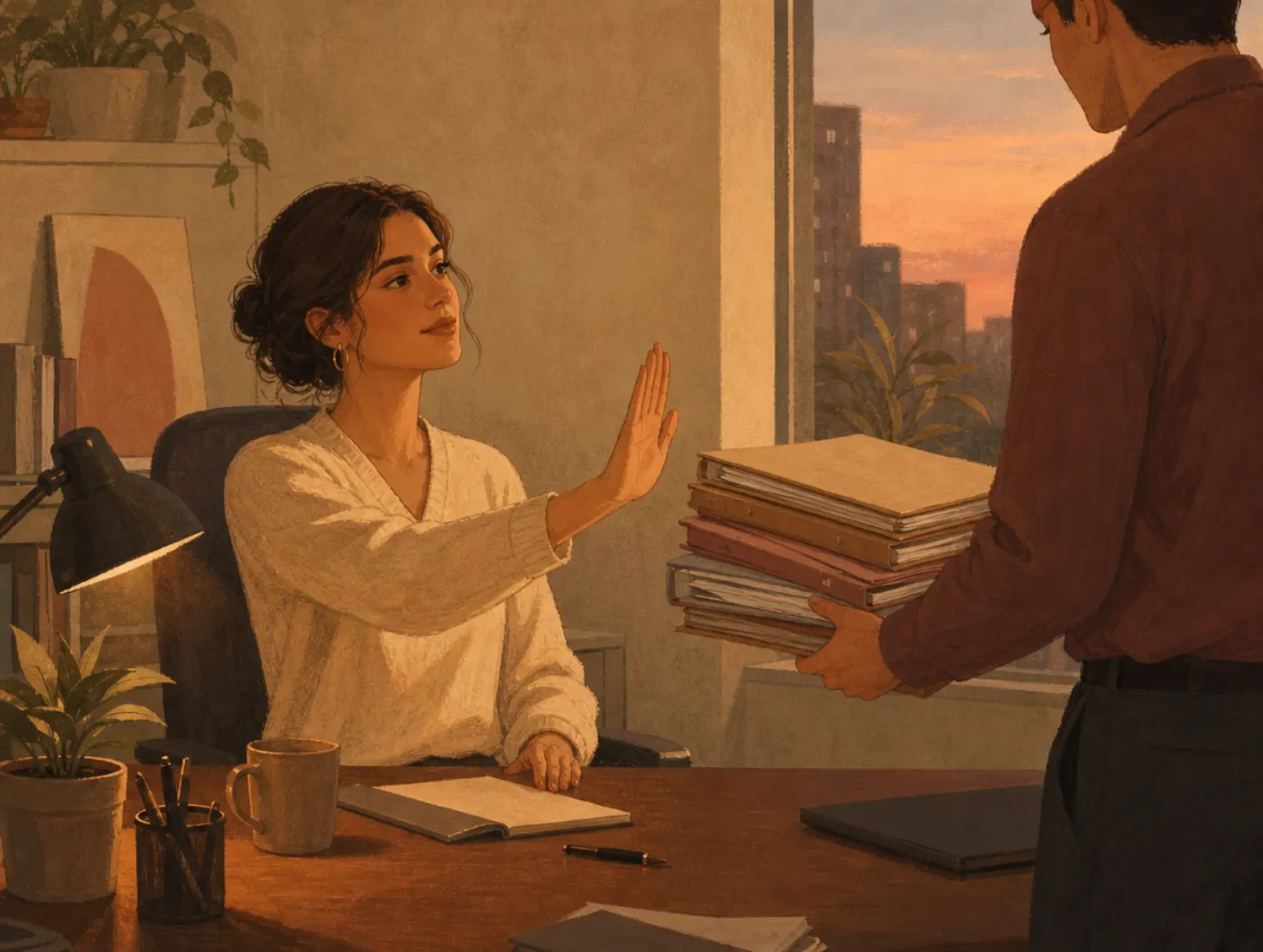 Setting Boundaries: an office worker calmly raises a palm to decline a stack of files from a coworker