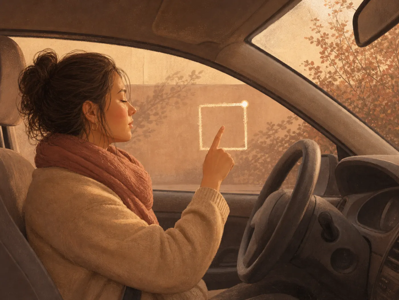Box Breathing: person in a parked car tracing a square in the air, pacing a slow four-count inhale-hold-exhale-hold befo