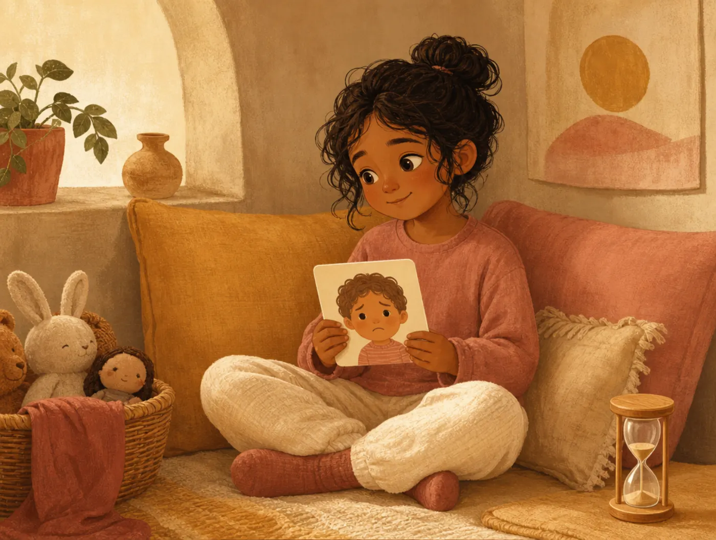 Calm-Down Corner Cards: a child in a cushioned corner nook holding a feelings card beside a sand timer