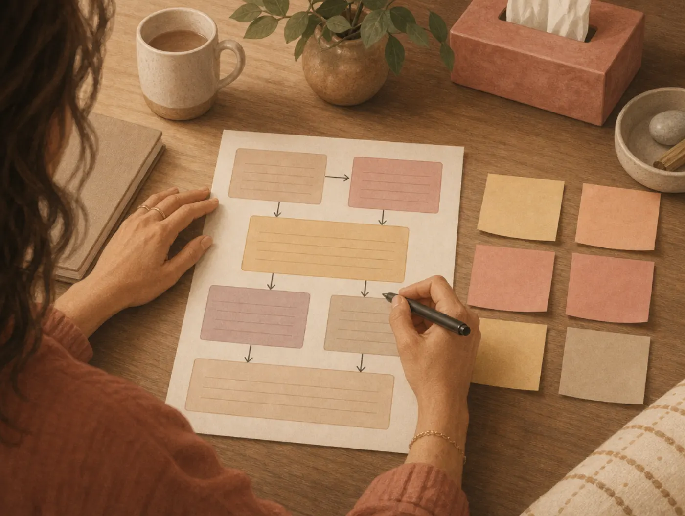 Case Conceptualization Template: therapist filling in a boxed worksheet with arrows linking sections, sticky notes of cl