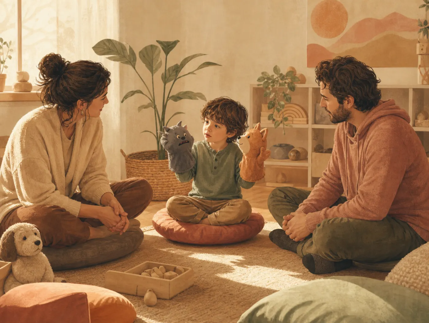CBT for Kids: child acting out a worry with hand puppets, therapist and parent sitting on floor cushions