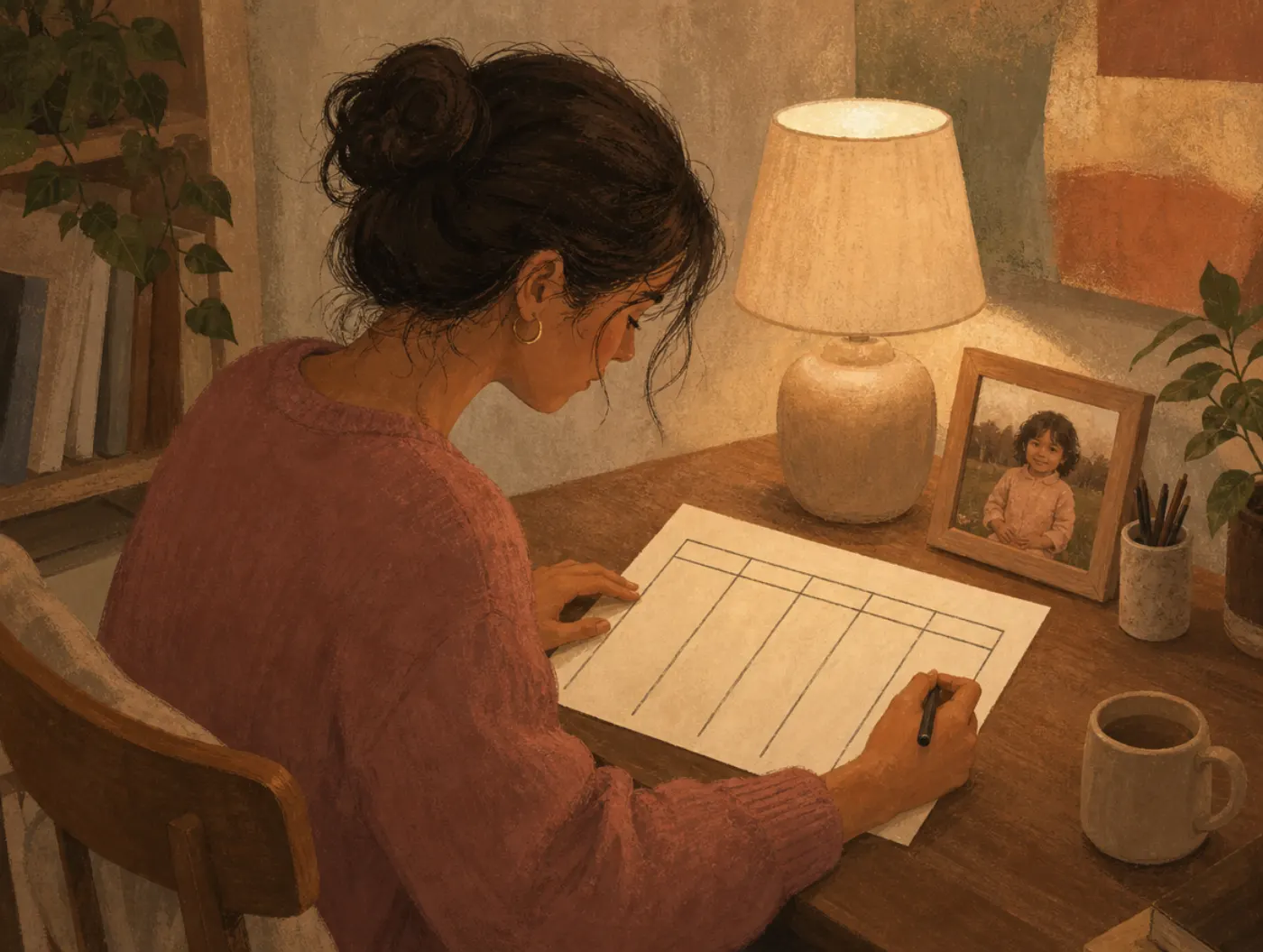 CBT Case Formulation: person at a desk hand-drawing a five-column chart with a childhood photo propped against the lamp