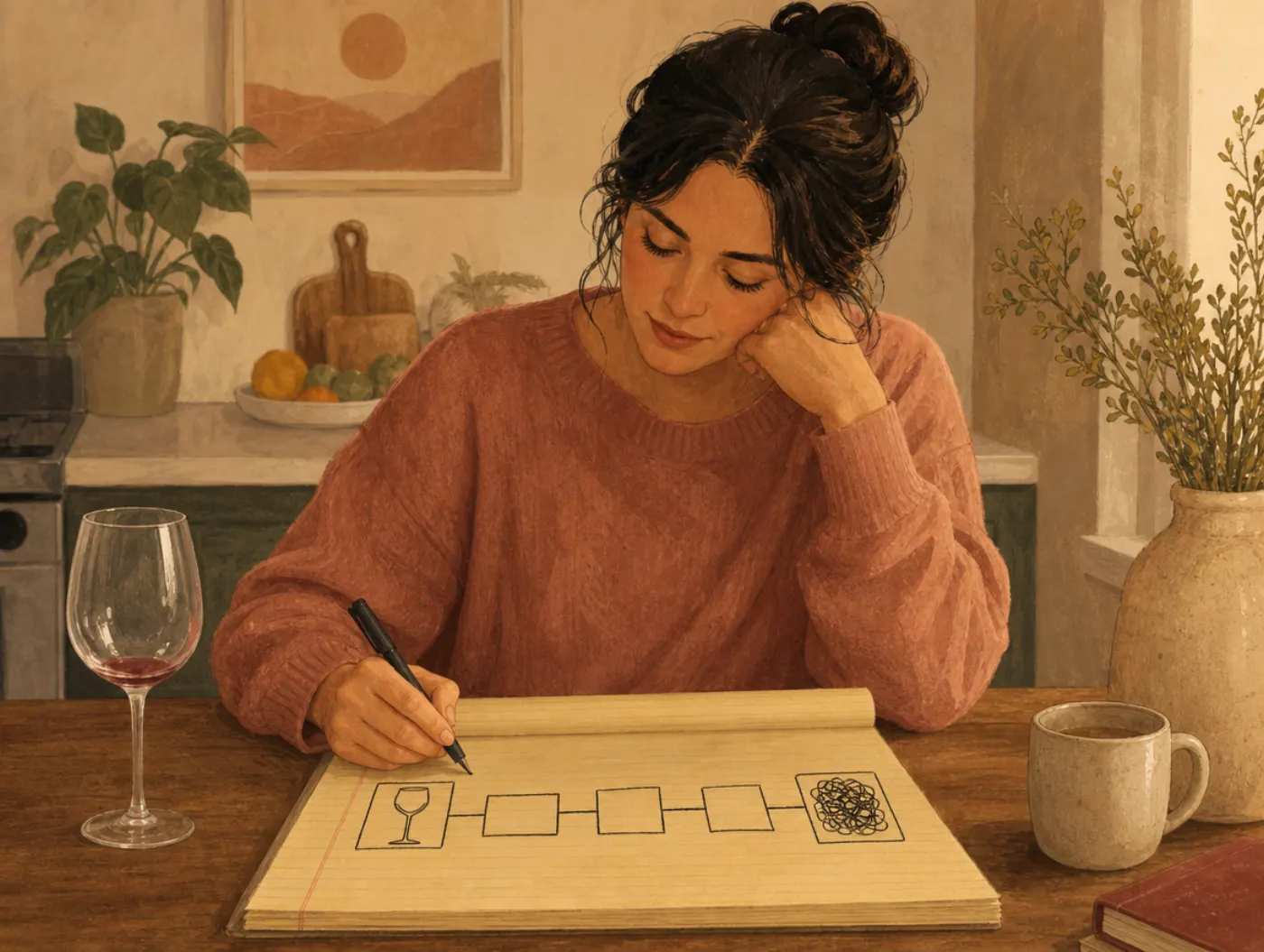 Behavior Chain Analysis Worksheet: woman at a table sketching a linked timeline from an empty glass to a written urge no
