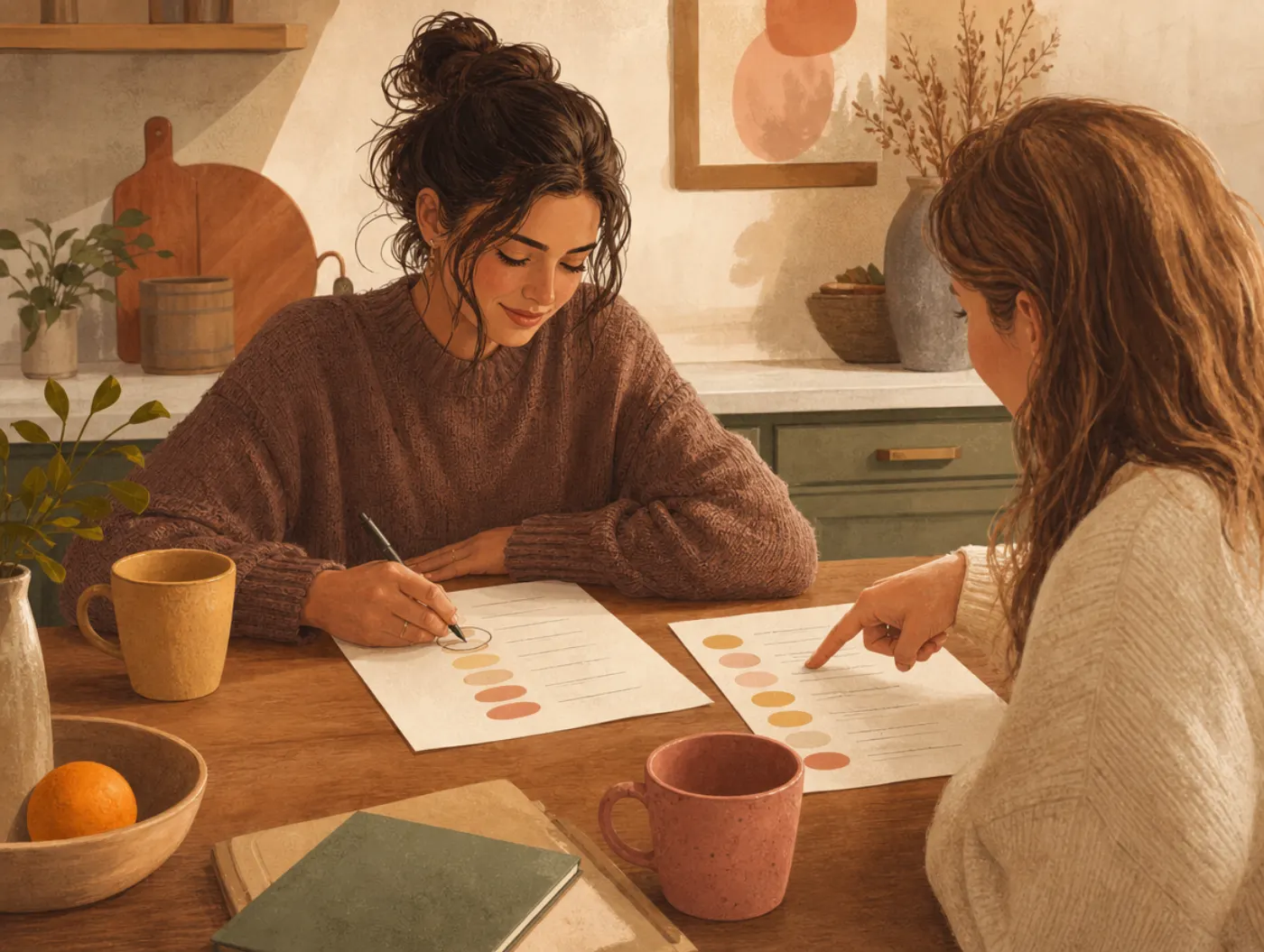 Character Strengths Worksheet: two people at a table each circling items on their own printed strengths list