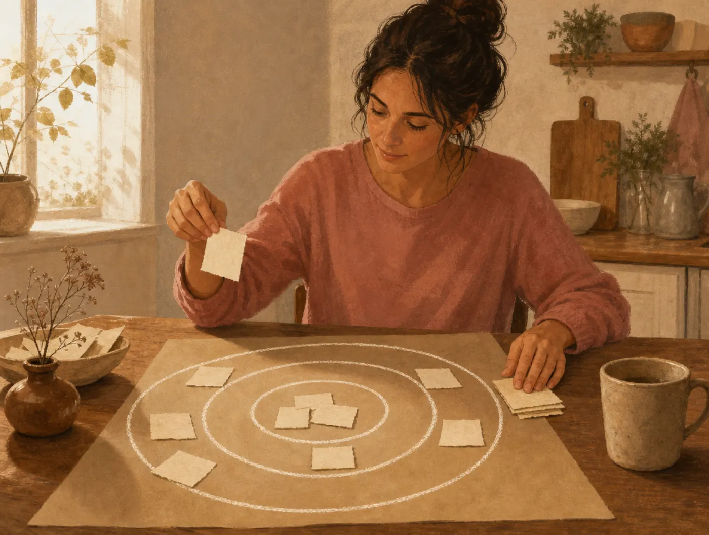 Circle of Control Worksheet: sorting handwritten worry notes into three concentric circles drawn on paper at a kitchen t