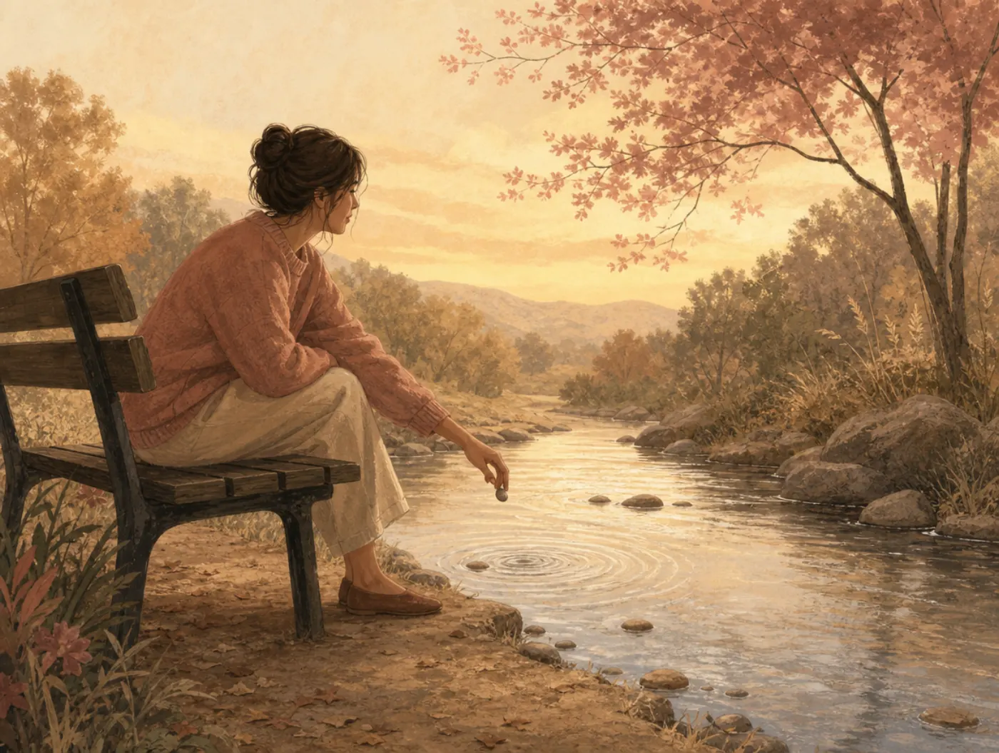 Cognitive Defusion: a person on a bench dropping a pebble into a passing stream, letting a thought float by instead of h
