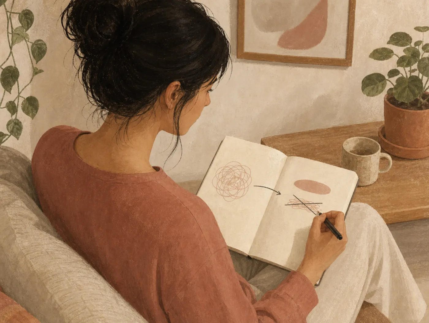 List of Cognitive Distortions: a person at a notebook crossing out one harsh word in a written thought and rewriting a f