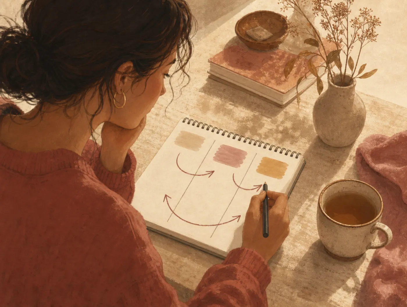 The Cognitive Triangle: a person filling in a three-column notebook page with arrows linking thought, feeling, and behav