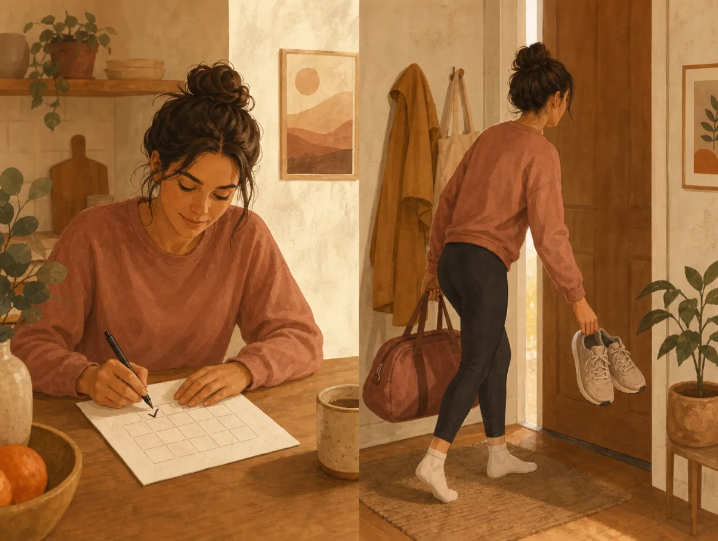 Committed Action Plan Worksheet: person checks a step on a planner grid, then reaches for running shoes waiting by the d