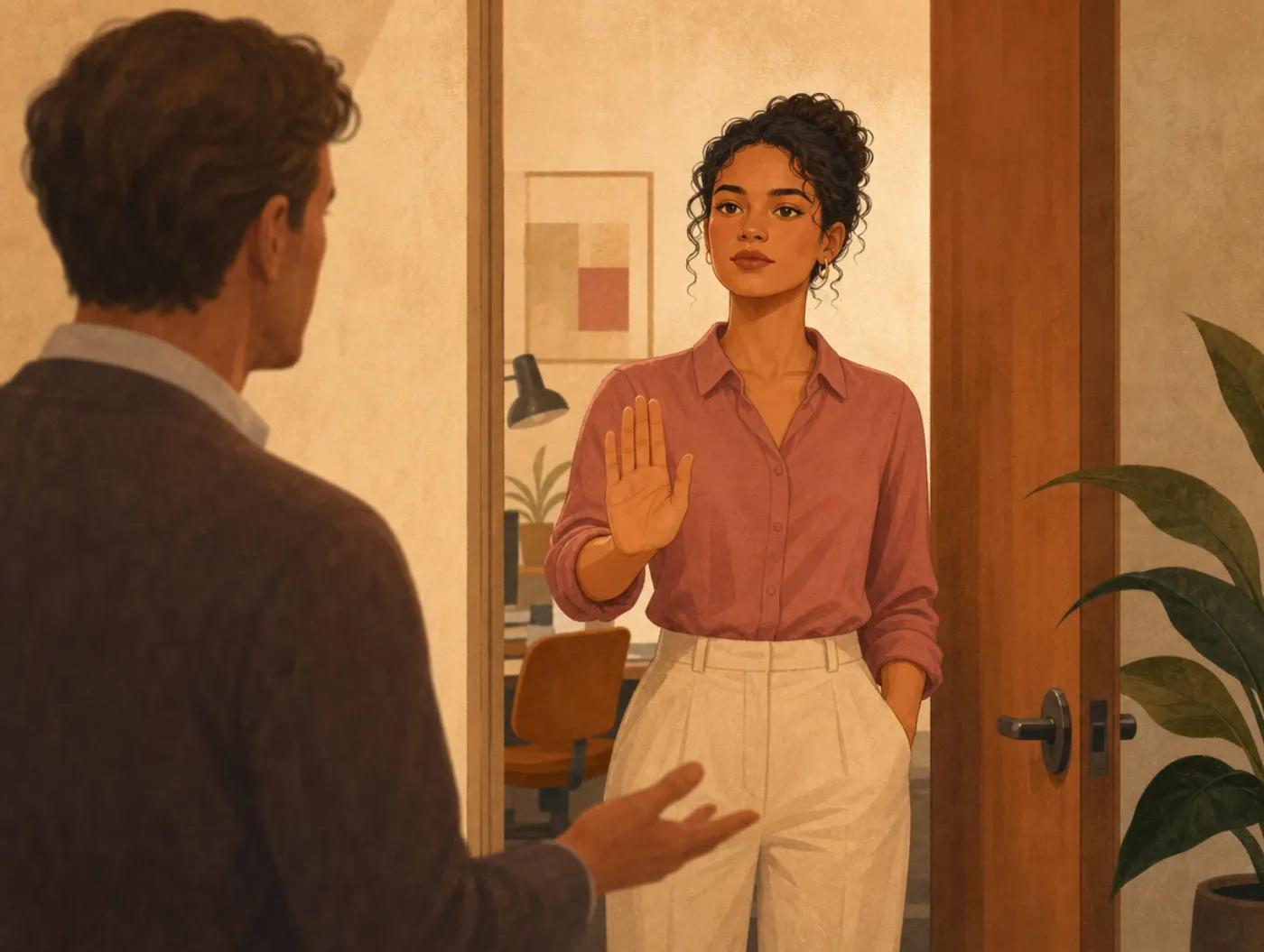 Communication Styles: an employee stands upright in a doorway, palm raised, calmly declining a supervisor's request