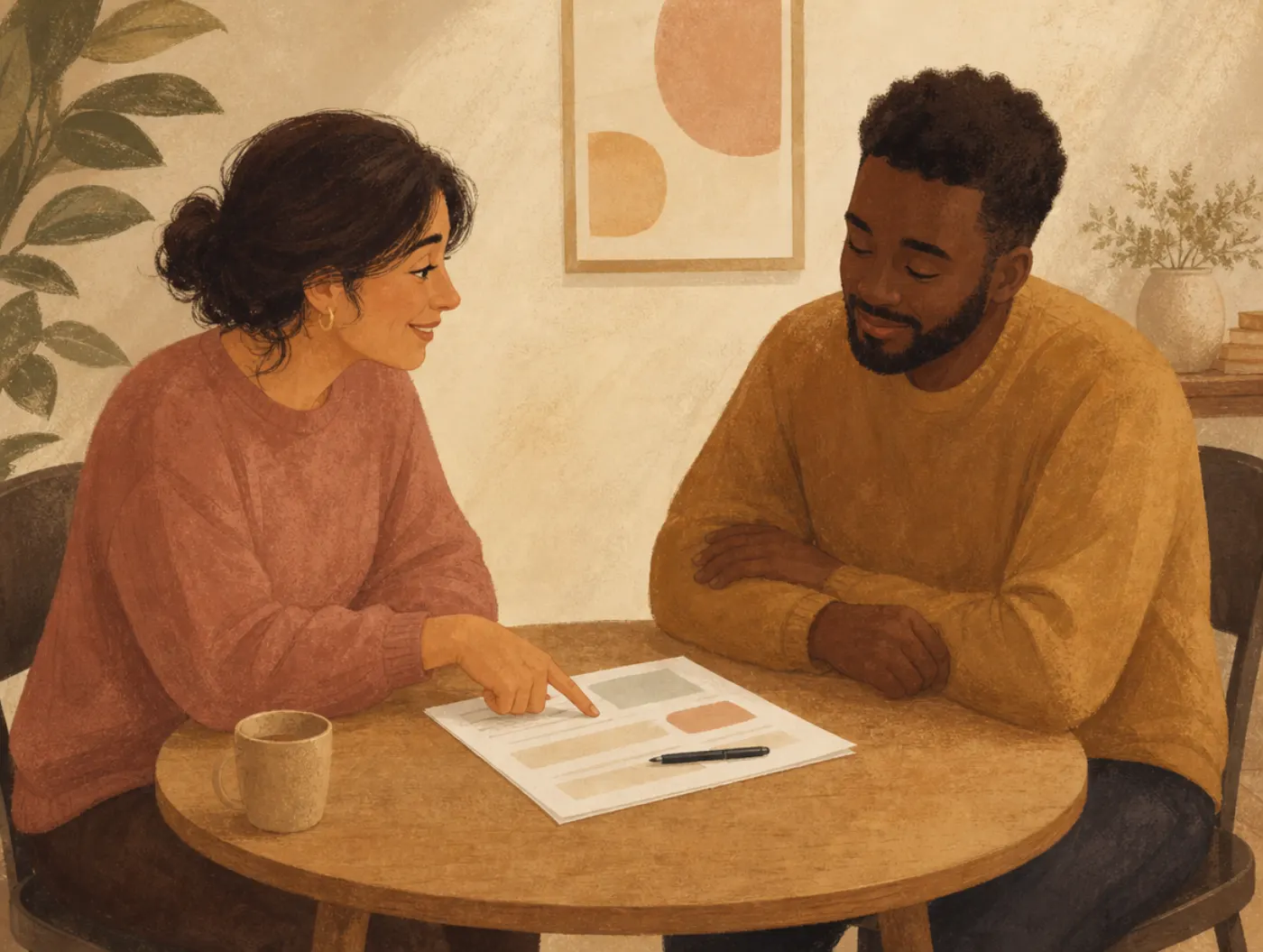 Conflict Resolution Worksheet: two people at a table reviewing a shared worksheet together, one pointing to a written ph