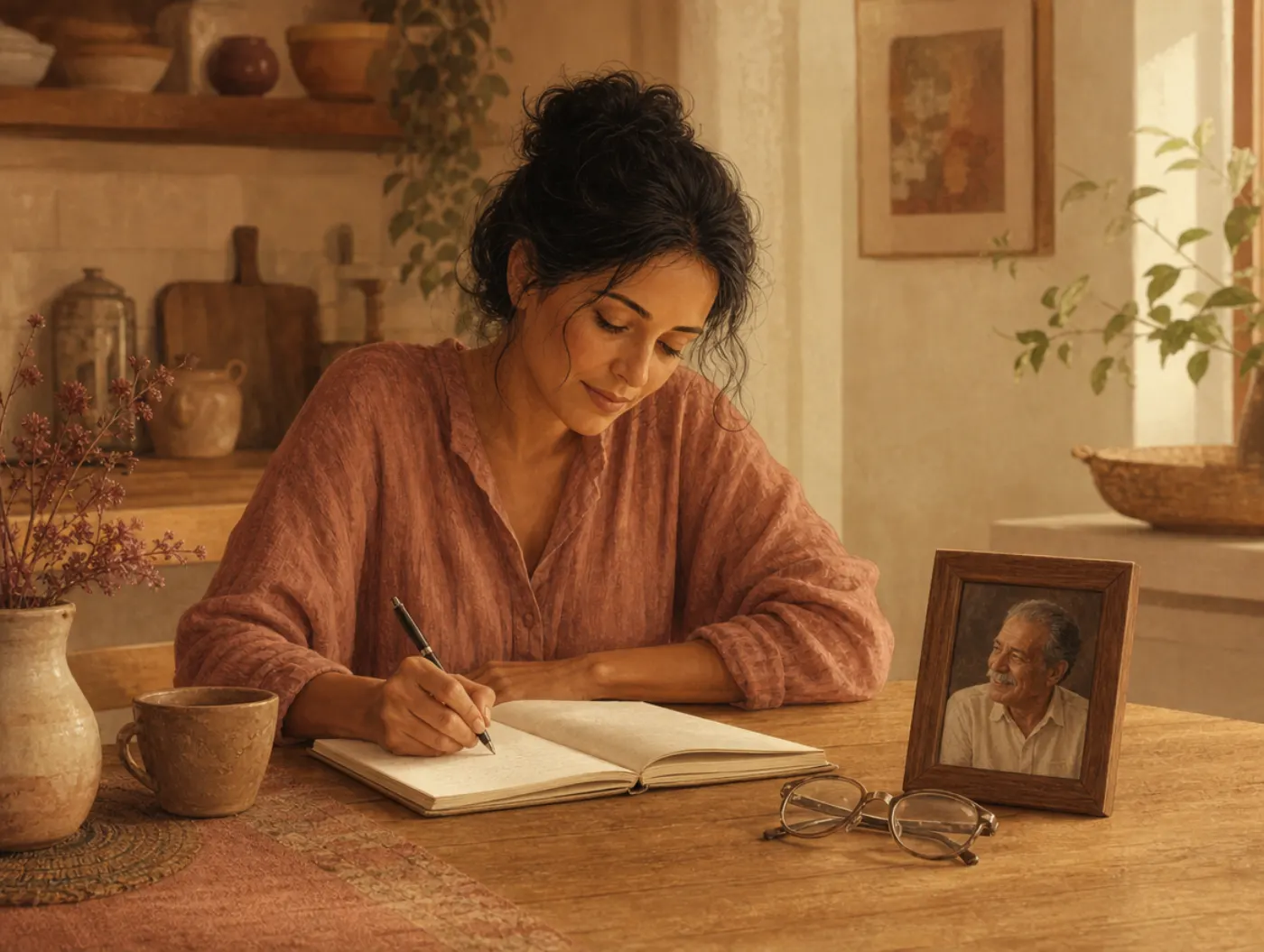 Continuing Bonds Worksheet: a woman writing a letter to her late father beside his glasses and a photo
