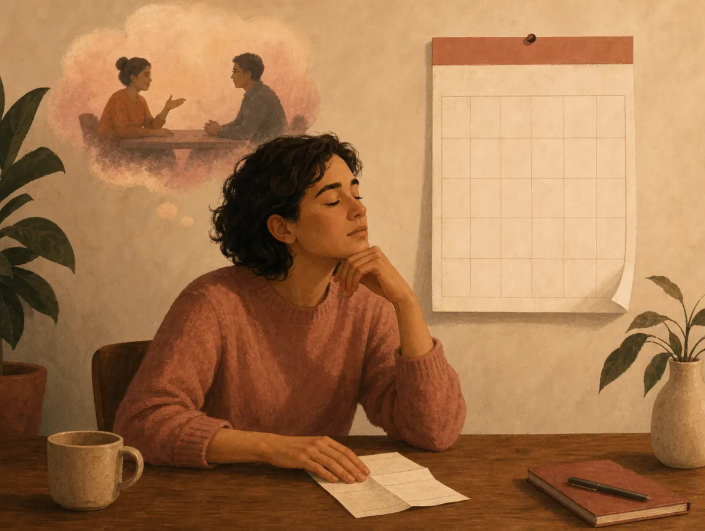 Cope Ahead Plan: a person closing their eyes at a table, mentally rehearsing coping steps before an upcoming stressful e