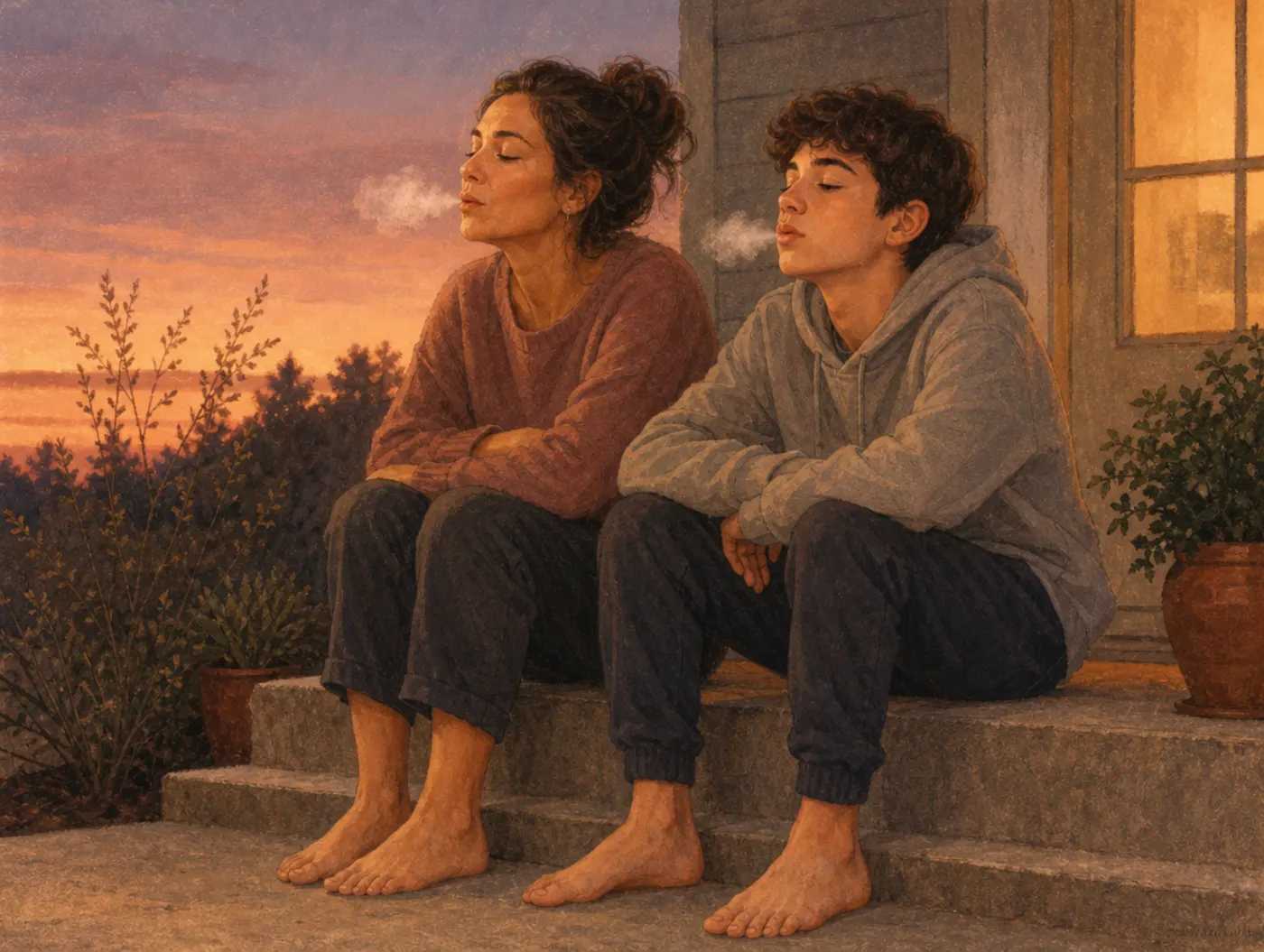 Coping Skills for Teens: parent and teen sit on porch steps at dusk, breathing slowly in cool evening air