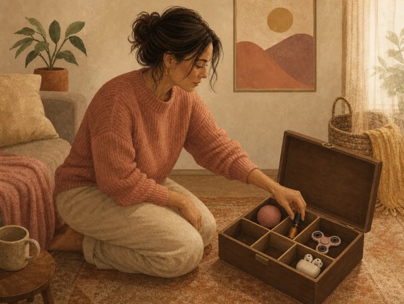 Coping Skills Library: person kneeling by a toolbox of calming items, reaching for a stress ball