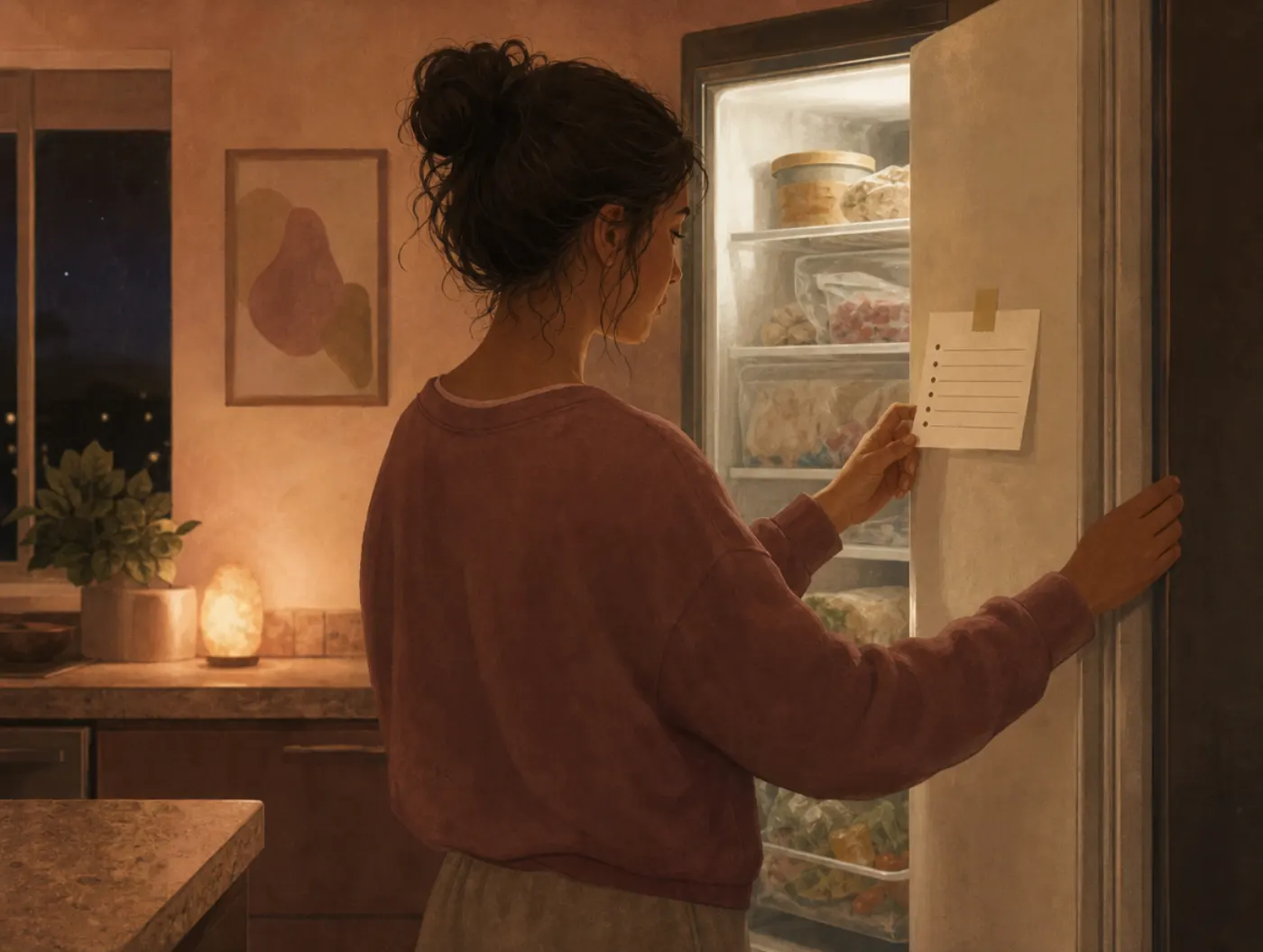 Coping with Cravings Worksheet: a person pausing at the open freezer at night, hand resting on a coping plan card taped
