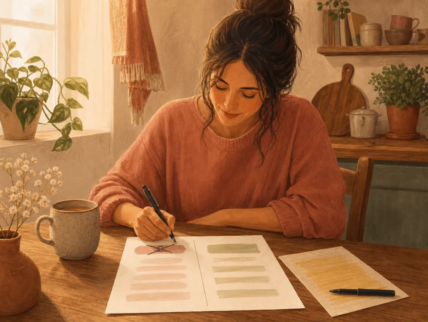 Core Beliefs Worksheet: a woman at a table writing a kinder replacement belief beside a crossed-out harsh one on a two-c