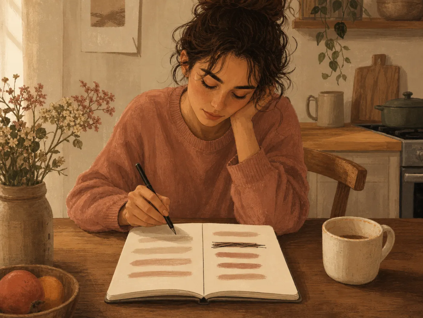 Cost-Benefit Analysis Worksheet: a person at a table filling a two-column notebook, weighing short- and long-term effect