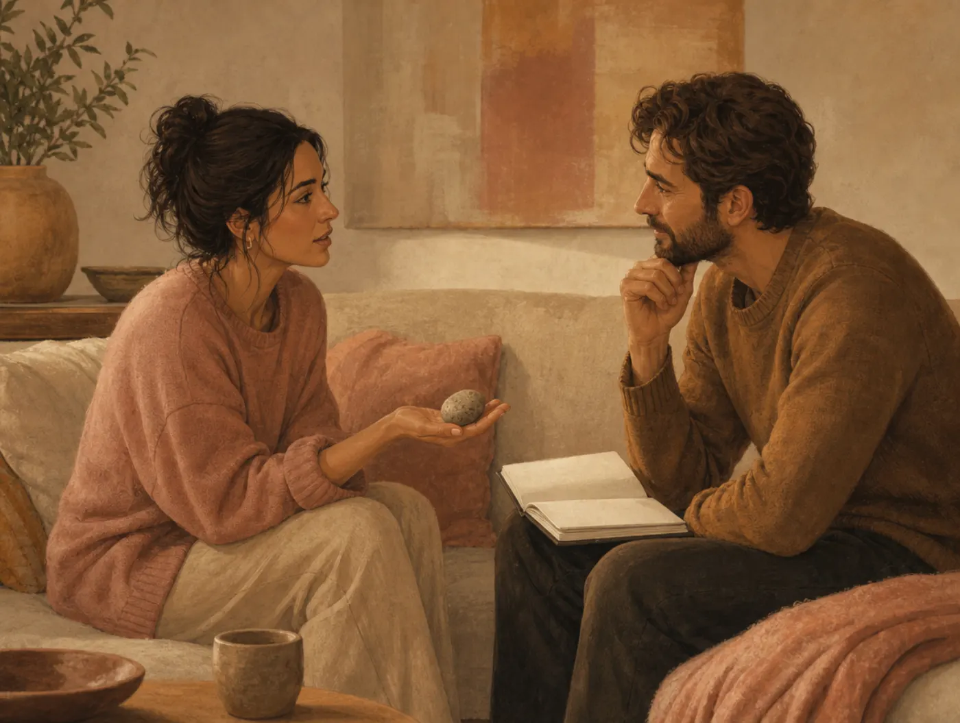 Couples Communication Worksheet: partners sitting knee-to-knee, one holding a talking stone while speaking, the other li
