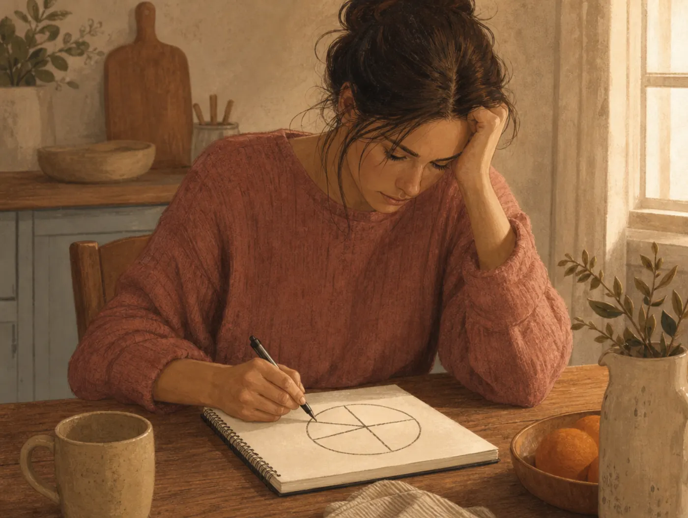 Cycle of Abuse: a person tracing a hand-drawn four-part circle diagram in a notebook, pen paused on one wedge