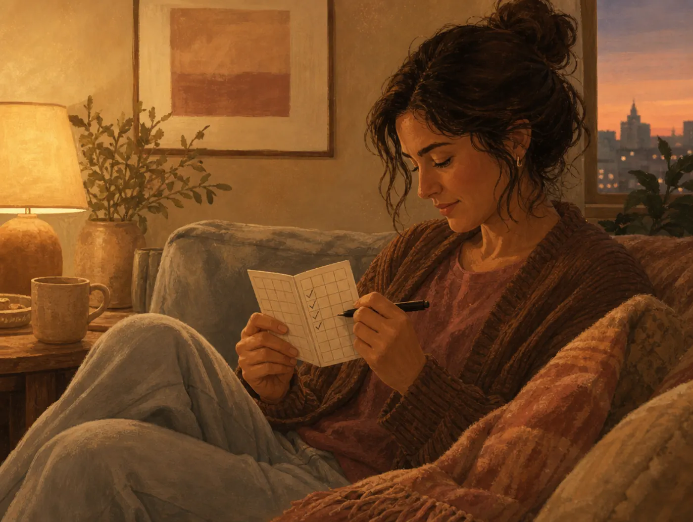 DBT Diary Card: a person on a couch at night marking checkboxes on a small folded, grid-lined tracking card with a pen