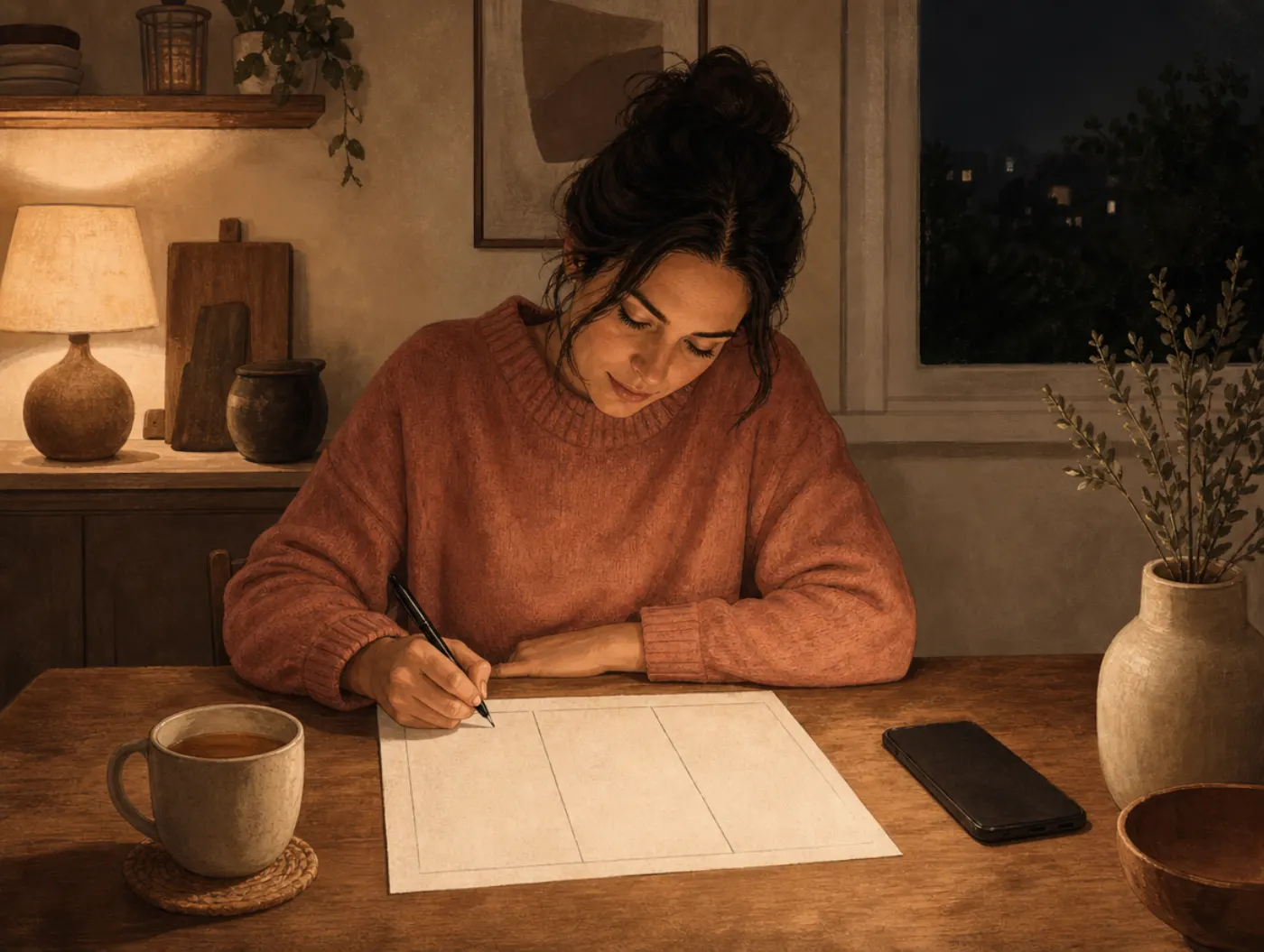 Decatastrophizing Worksheet: a person filling in a three-column CBT worksheet at a table late at night, phone face-down