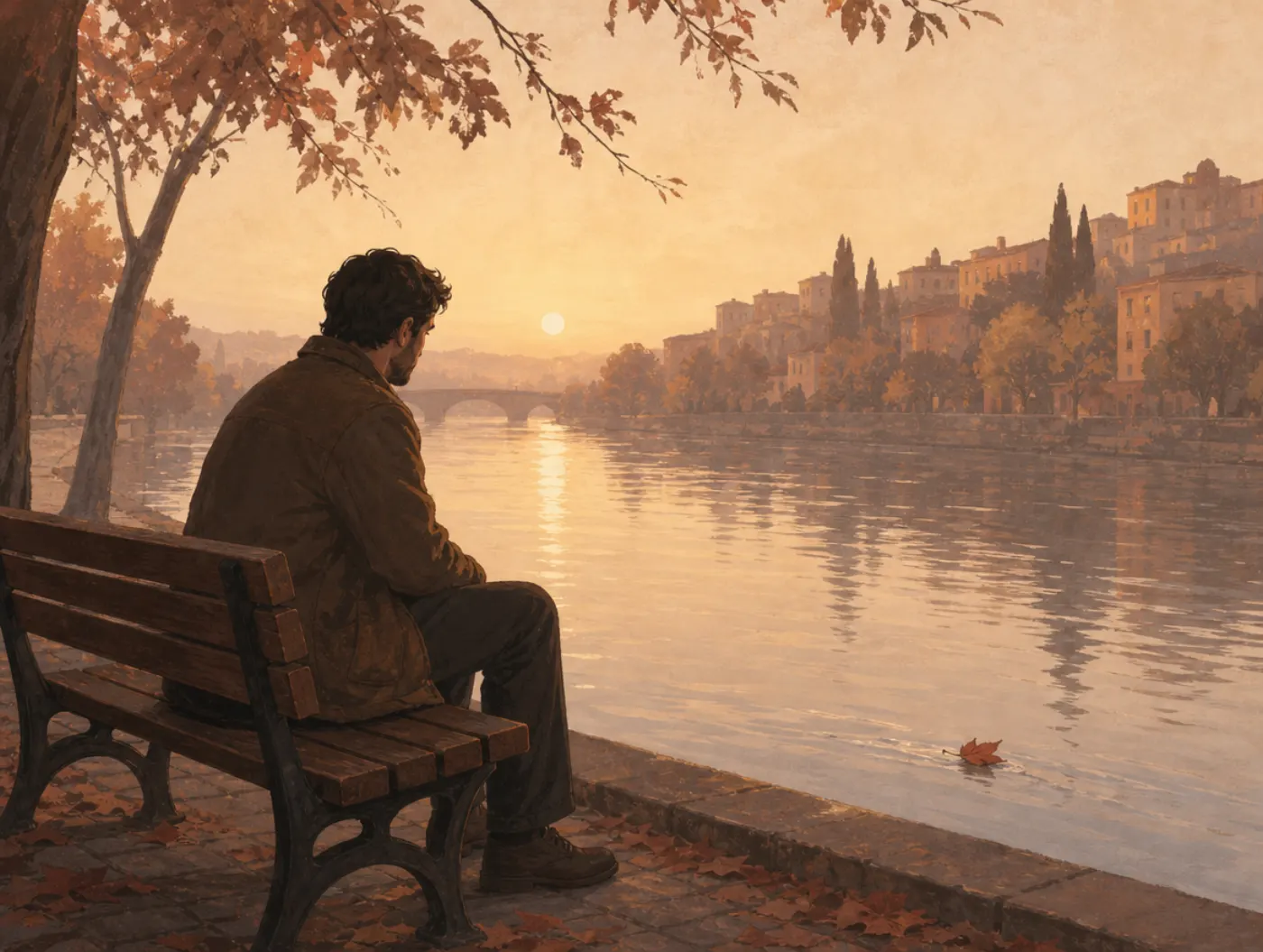 Decentering: man on a riverside bench watching a leaf drift past on the current at dawn