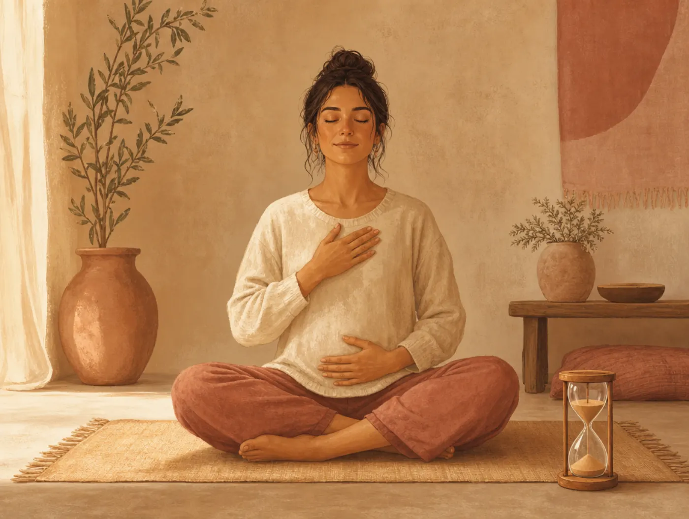 Deep Breathing Exercise: a person seated on a mat, hand on belly and chest, exhaling slowly beside a sand timer