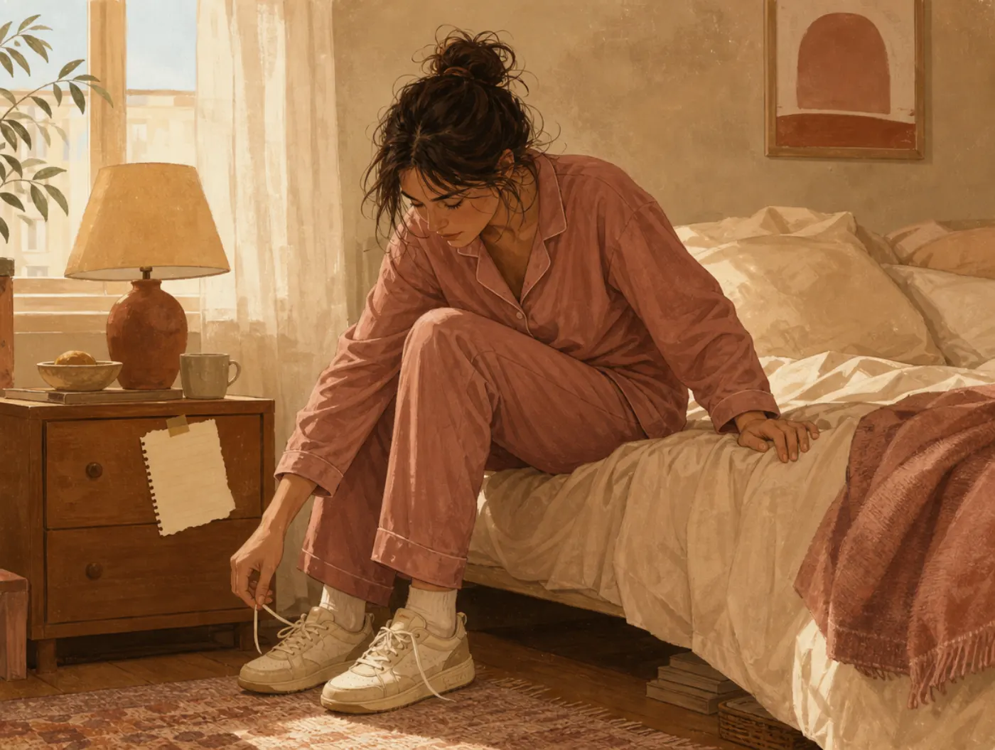 Coping Skills for Depression: person on edge of unmade bed tying a shoe, a torn paper checklist taped to the nightstand