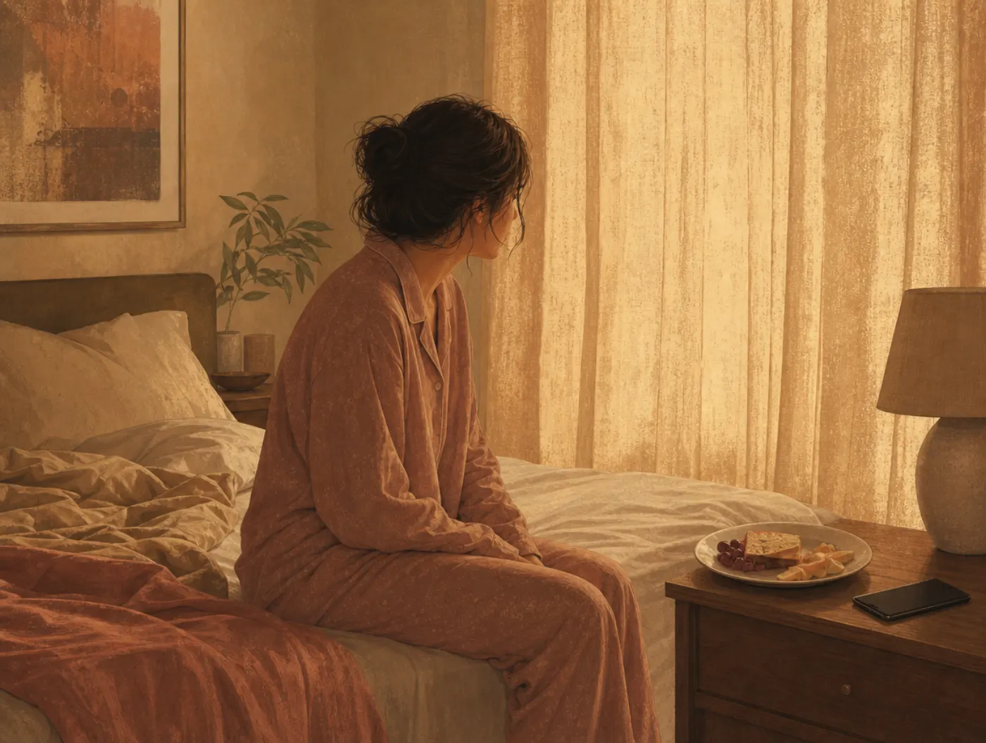 The Cycle of Depression: person in pajamas on an unmade bed in a dim room, an untouched plate on the nightstand beside a