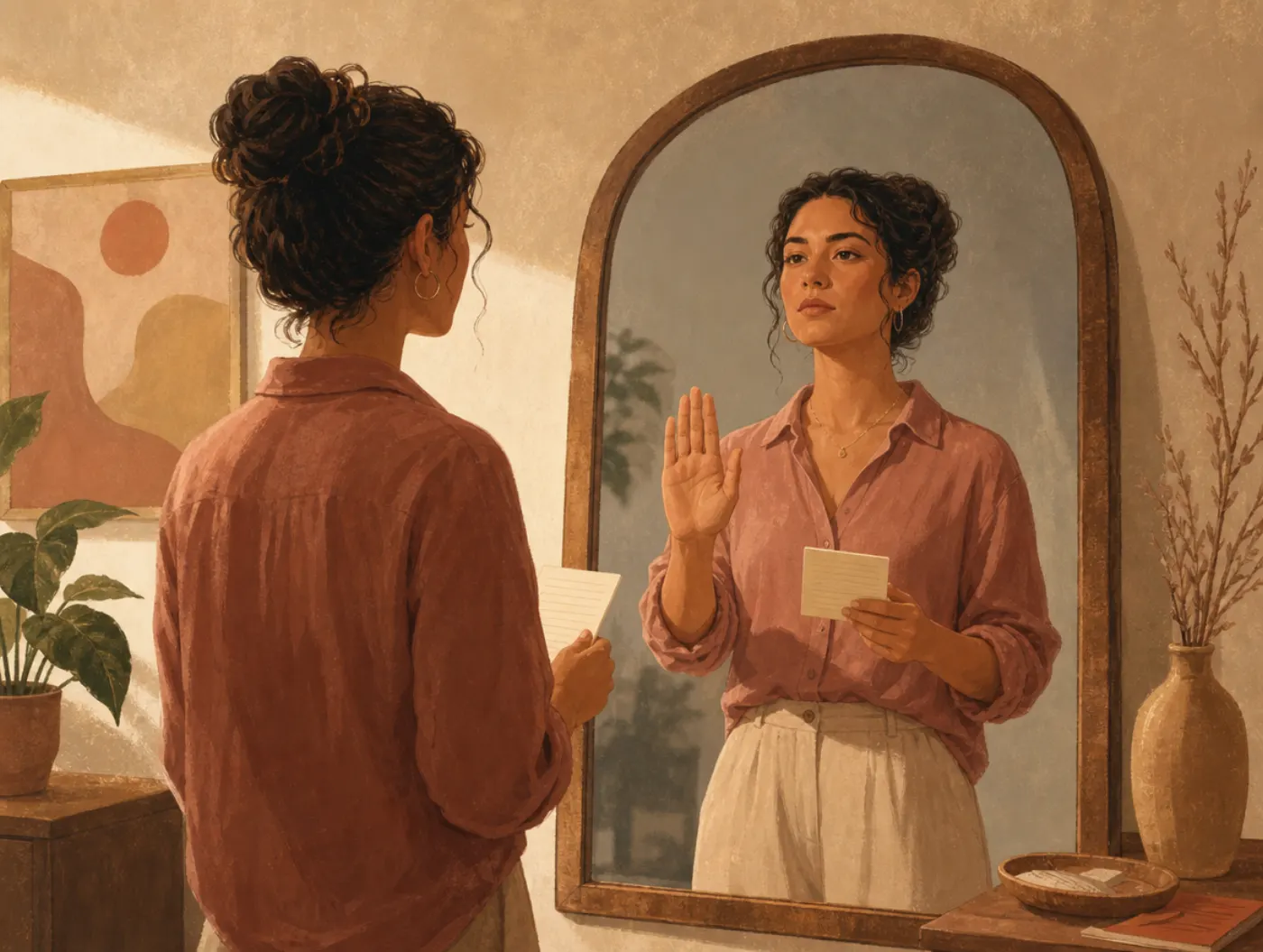 DESC Assertiveness Script: a person rehearsing an assertive talk before a mirror, notecard in hand