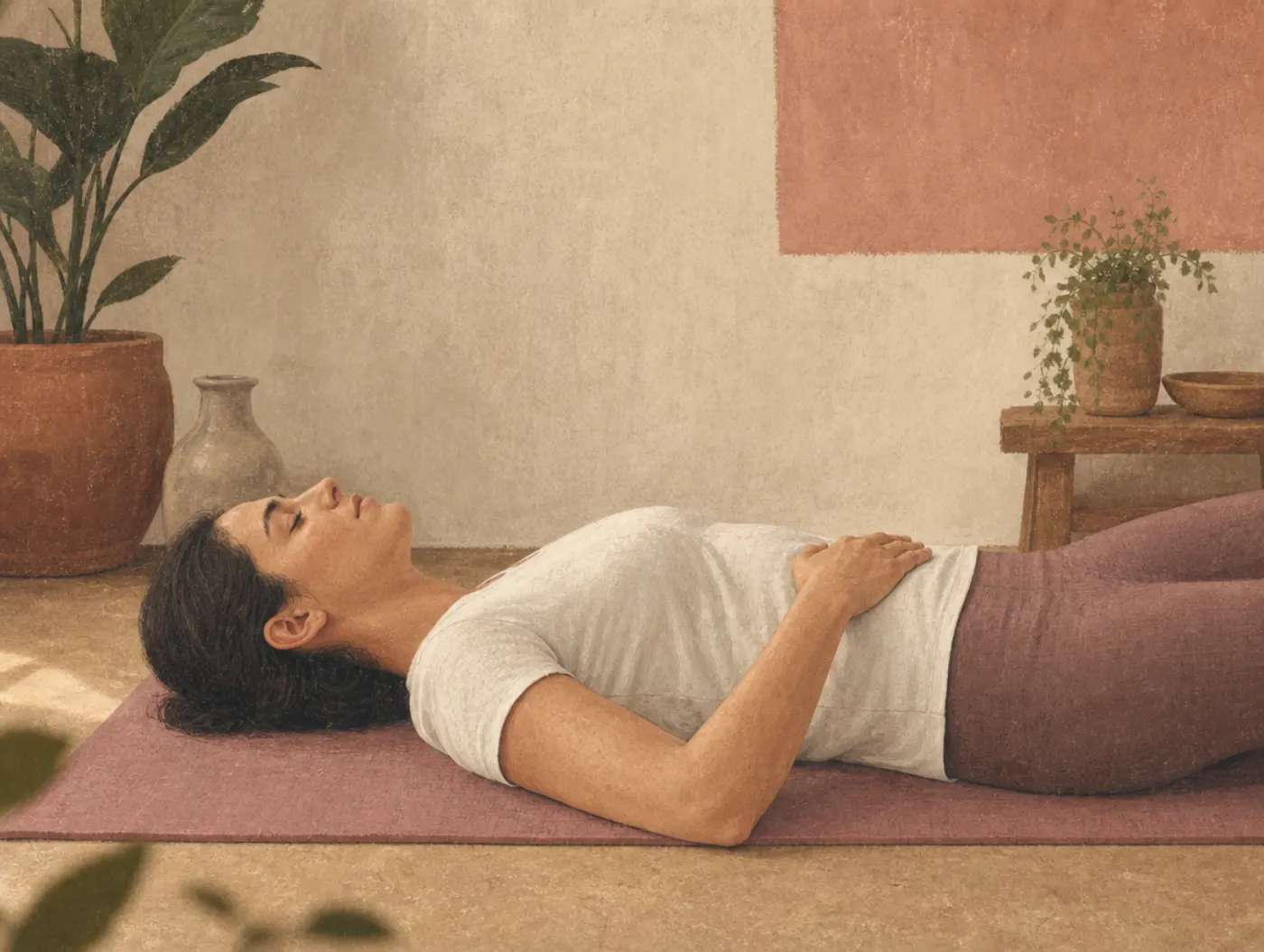Diaphragmatic Breathing Exercise: person lying on a mat, hand on belly feeling it rise while chest stays still