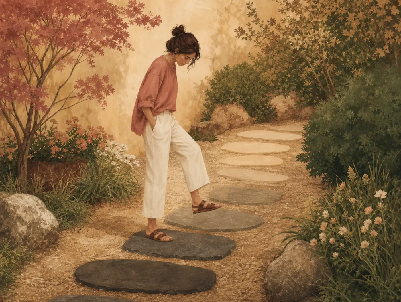 Dichotomous Thinking: person pausing mid-step on a path of stones shading gradually from pale to dark