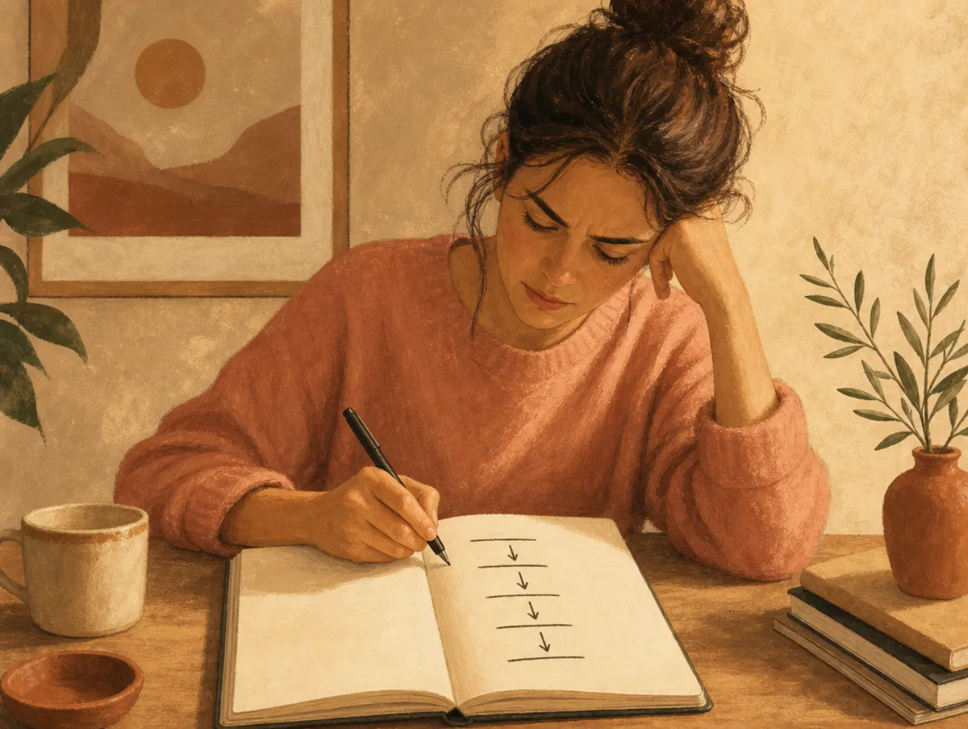 Downward Arrow Technique: a person journaling, drawing a chain of downward arrows linking notes down the page