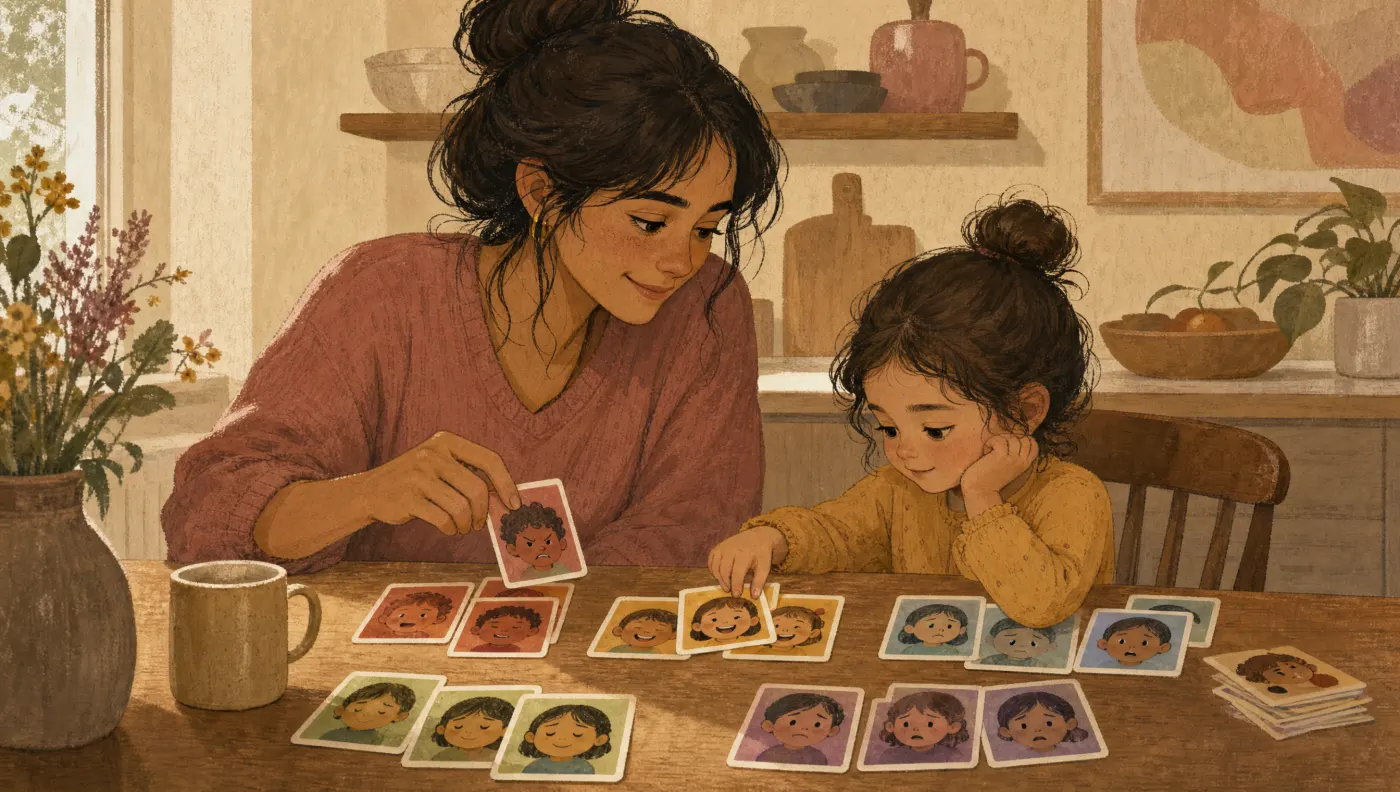 Emotion Cards: Woman and child organizing colorful cards on a kitchen table, sorting emotions together