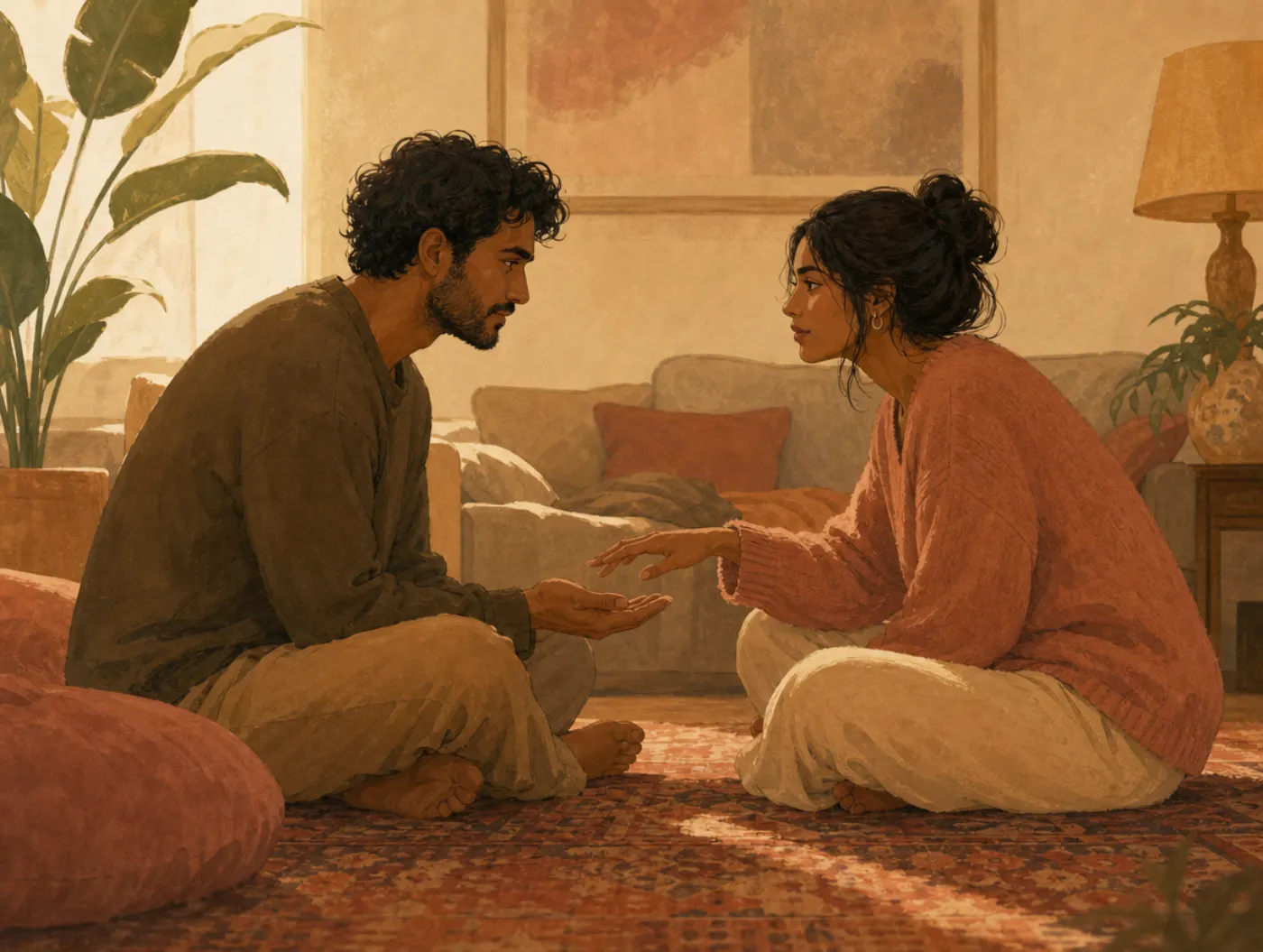 Emotion-Focused Therapy: two partners sitting knee-to-knee, reaching to hold hands in a quiet moment of reconnection