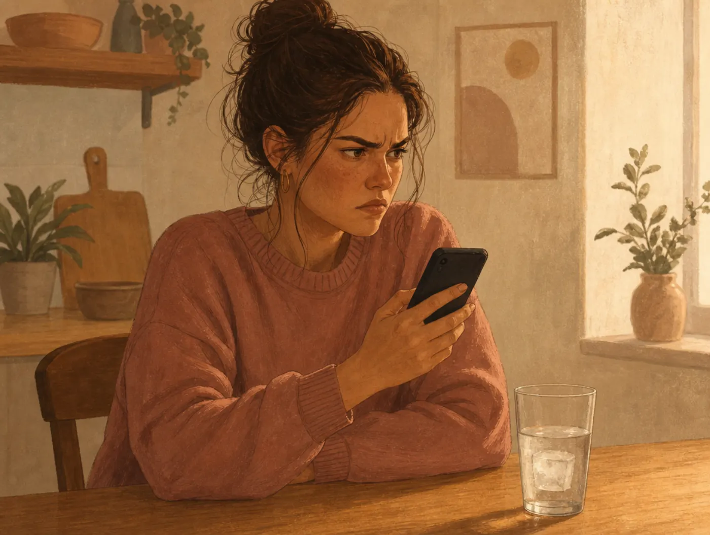 Emotions Iceberg: person clenching jaw in anger beside a glass where most of the ice cube sits hidden below the waterlin