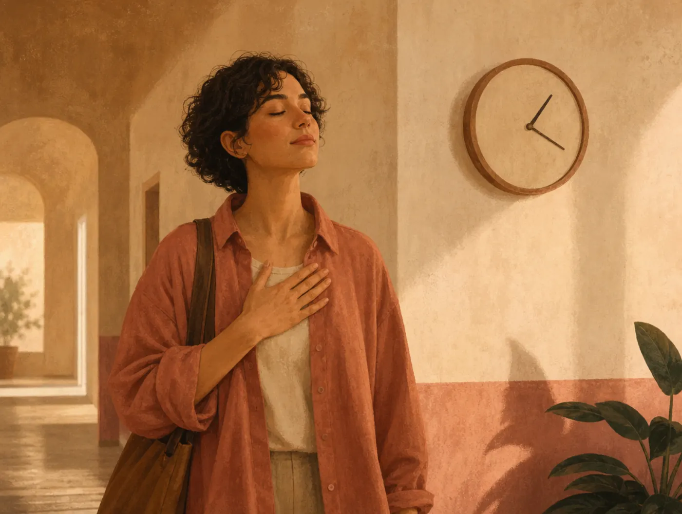 Emotional Awareness Exercise: person pausing in a hallway, hand on chest, eyes closed, wall clock behind