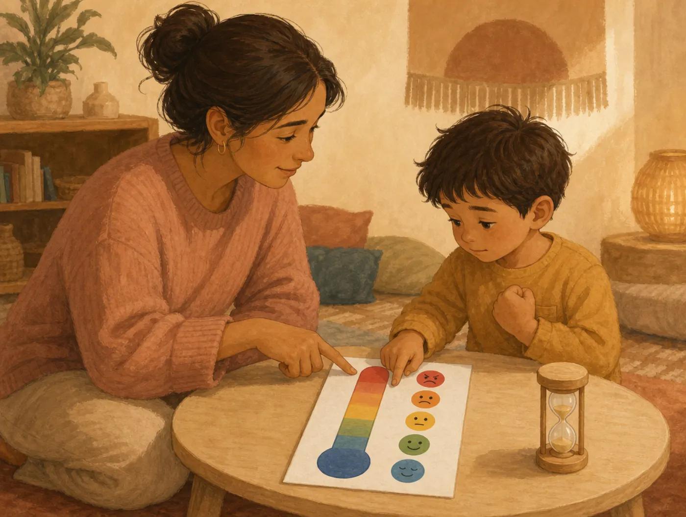 Emotional Regulation Activities for Kids: parent and child pointing at a feelings thermometer chart with a sand timer ne
