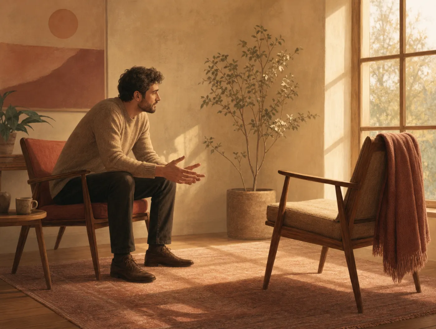 Empty Chair Technique: a man leaning forward speaking to an empty chair with a cardigan draped over it